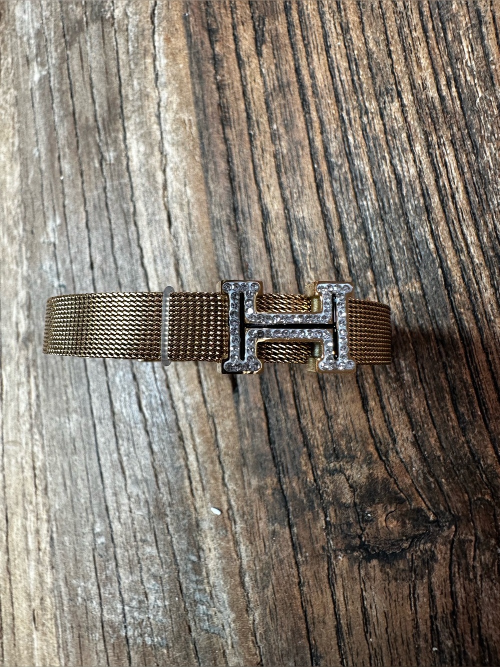 Gold Mesh Bracelet with Crystal 'H' Accent